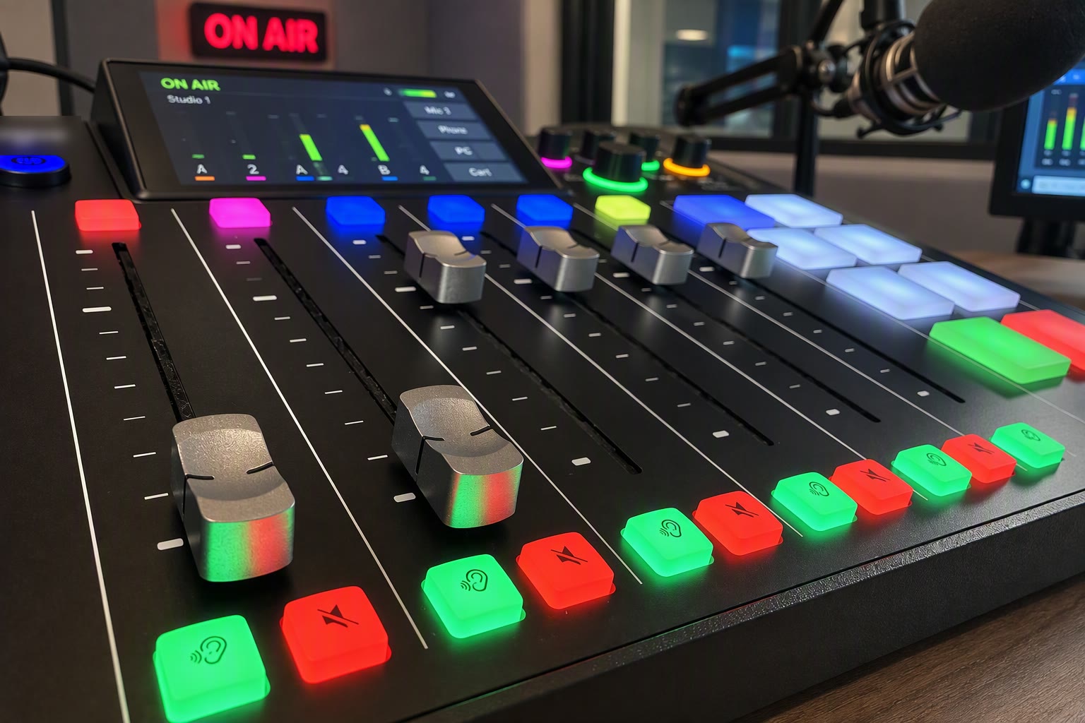Desk faders with lit mute and PFL buttons, in step with the players on screen