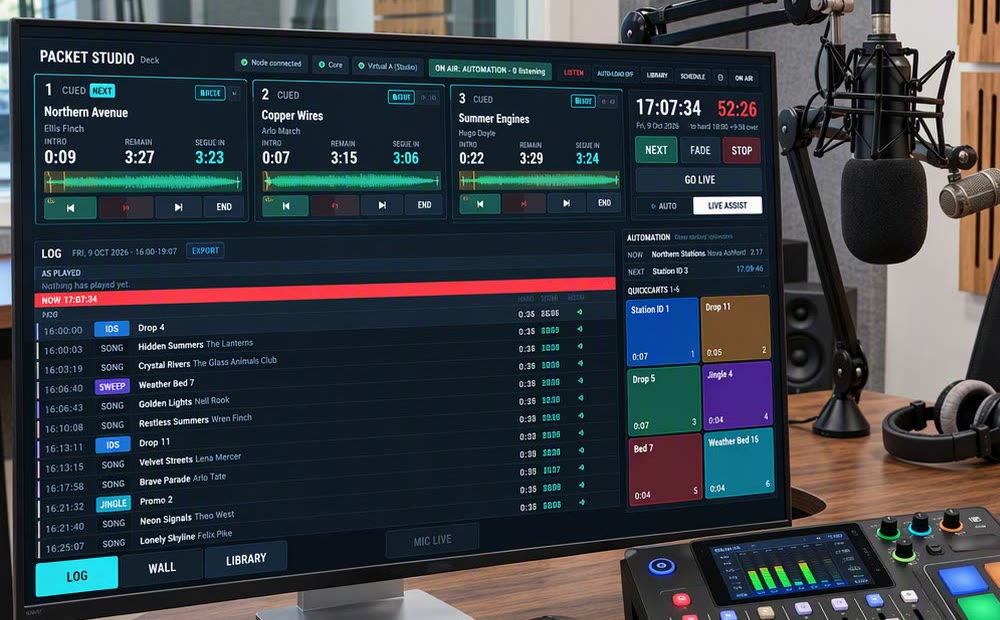 Packet Studio Deck on a studio screen: three chained players, the log, automation and QuickCarts